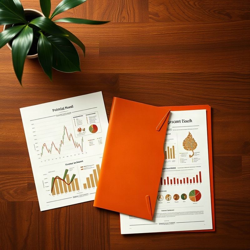 Editorial flat-lay of Thai economic documents on a teak surface