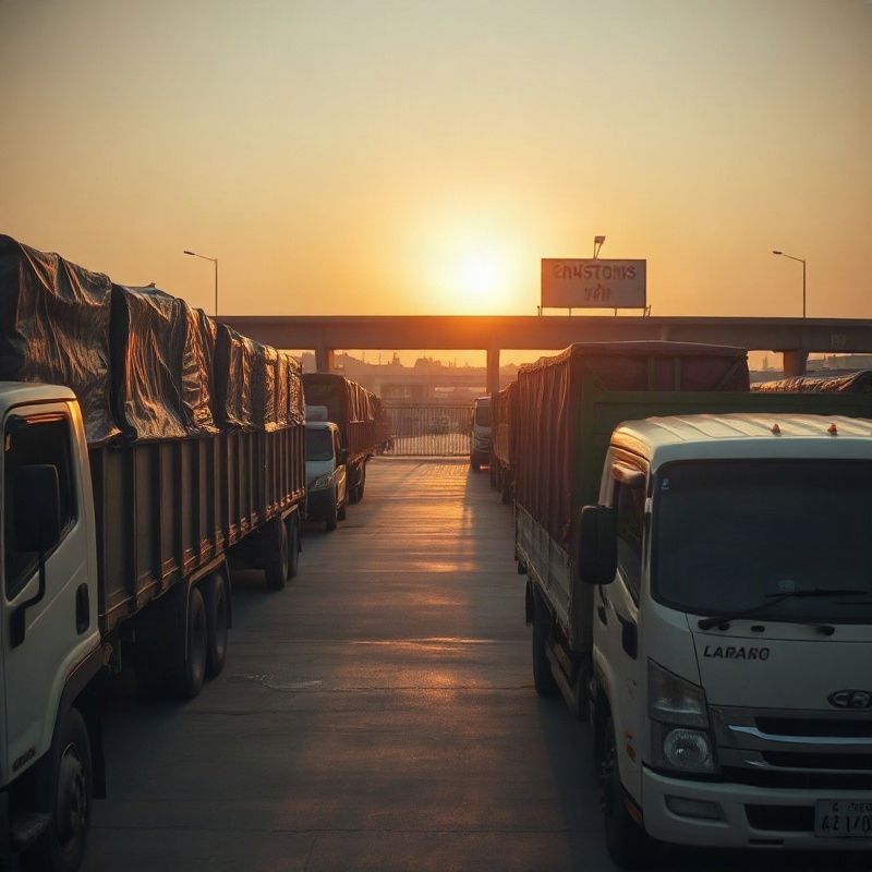 Sadao border checkpoint freight yard at golden hour