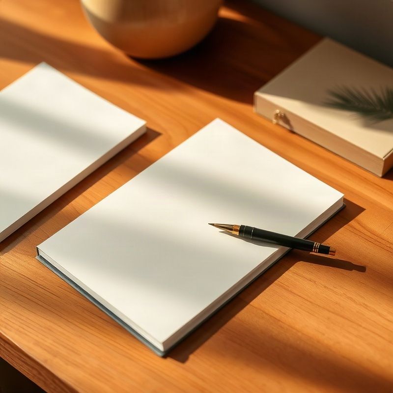 Open notebook and pen on a teak desk in warm light