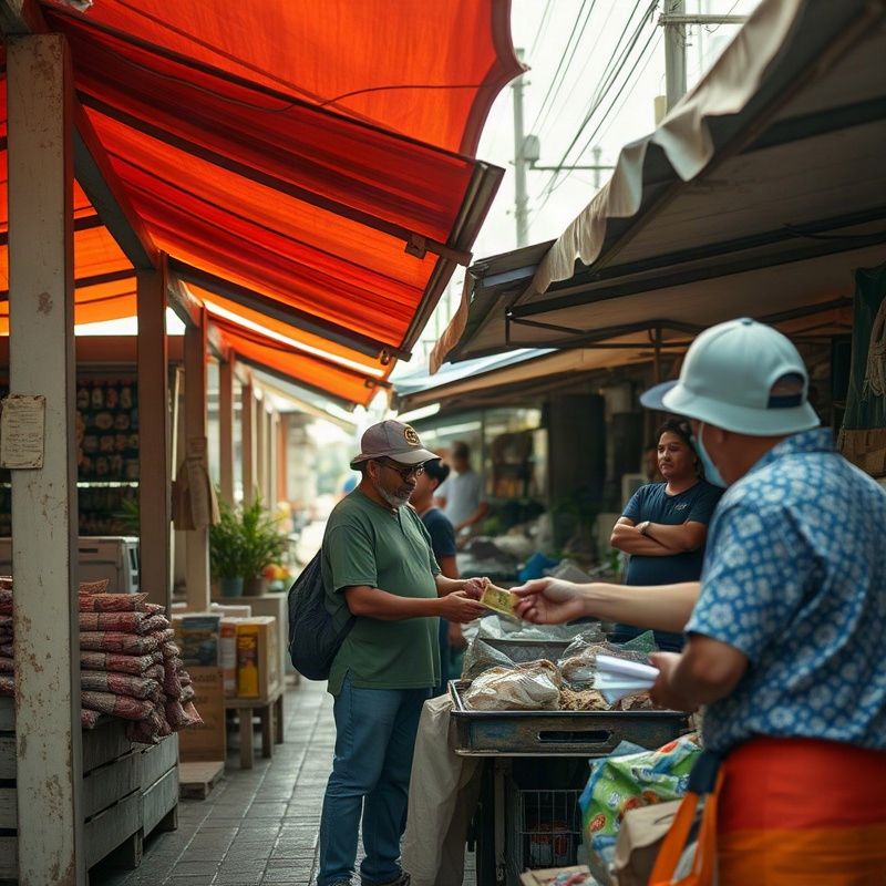 Hat Yai informal market workers at midday under terracotta canvas canopies